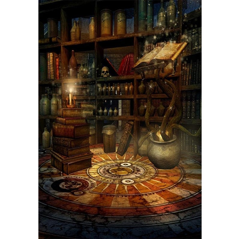 AOFOTO 5x7ft Vintage Magic Room Background Witch Magical Potion Skull Photography Backdrop Medieval Wizard Candle Bookshelf Retro Books Halloween Photo Studio Props Wallpaper Boy Girl Child Portrait - Image 4